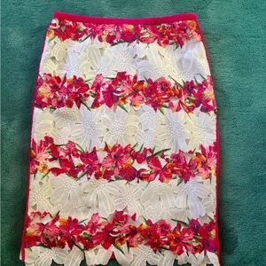 Neiman Marcus White Lace Pencil Skirt with Pink Floral Bands